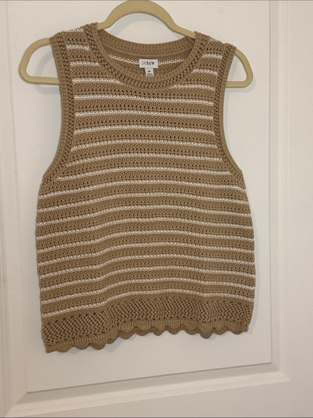 J. Crew Beige and White Striped Crochet Tank